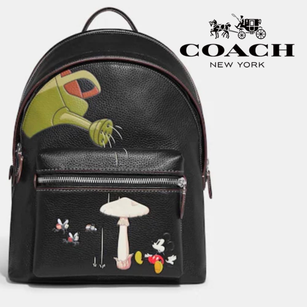 Disney X Coach Charter Backpack Bag Mushroom Mickey Garden Black Leather Purse